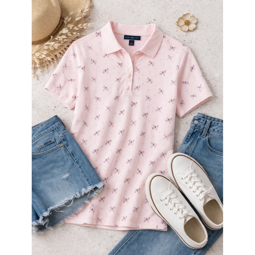 Karen Scott Womens Pink Dragonfly Print Short Sleeve Polo Shirt Large Casual Top